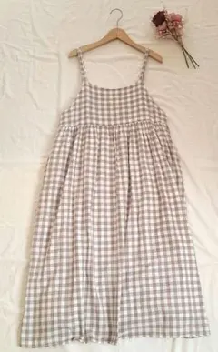 Samansa Mos2 ギンガムチェック キャミワンピース コットン リネン