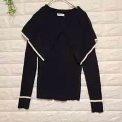 【アース】ビッグカラー セーター 黒　ホワイト ライン　F