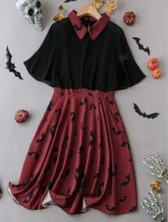 【美品】SHEIN ハロウィン コウモリプリント ワンピース 黒と赤