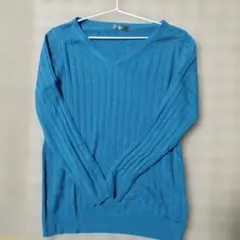 ru 青 Vネック リブ編み 長袖ニット