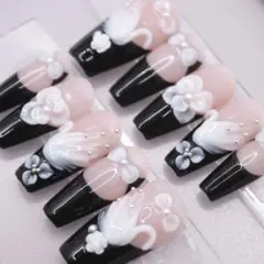 315ネイルチップSサイズ 韓国ガーリー 黒フレンチ リボン 立体フラワー 白鳥