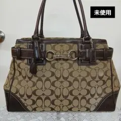 未使用コーチ ハンプトンズ シグネチャートートバッグ キャンバスレザー ブラウン