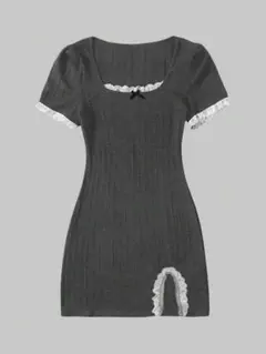 m*様 グレー リブ編み 半袖ニットワンピース