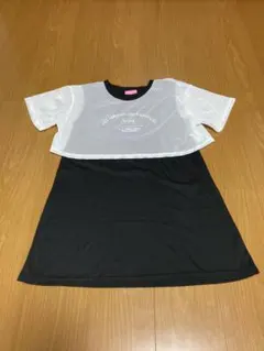 重ね着風 メッシュトップス 半袖Tシャツ ブラック×ホワイト カジュアル