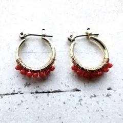 【一点物】金属アレルギー対応　ピアス　海の宝石　赤い珊瑚フープピアス