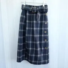 イング ひざ丈スカート 巻きスカート フレアスカート チェック柄 ネイビー M