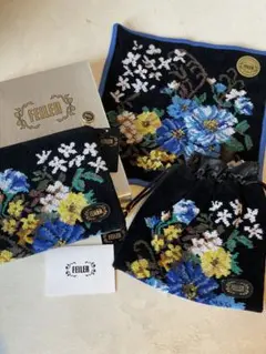【新品未使用】FEILER ブラック系花柄ポーチとハンカチの3点セット