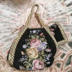 花柄刺繍 ハンドバッグ 黒