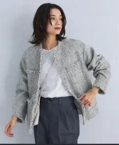 ミックスツイードライクポケットノーカラージャケット★グリーンレーベル　38 M