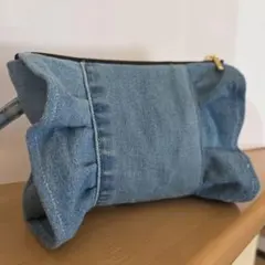 ハンドメイド　デニムリメイクフリルポーチ