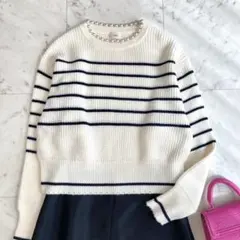 美品 イエナ 22AW ウールアクリルパール付プルオーバー ボーダーニット