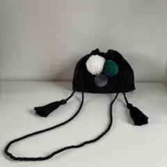 LEPSIMレプシィム ポンポン付き 巾着ショルダーバッグ ブラック ミニバッグ