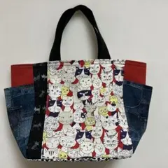 猫柄　サイドポケット付き　パッチワークトートバッグ　ハンドメイド