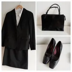 【再出品】リクルートスーツ：黒/ブラック(スーツ上下、ブラウス、靴、バッグ)
