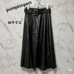 ベルト付き フェイクレザー フレアスカート ブラック　ロングスカート