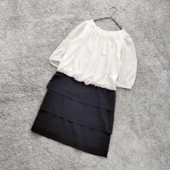 C493【イネド】ドッキングワンピース/ティアード/モノトーン/シフォン/Mのサムネイル