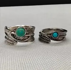 【2点セット】フェザー リング ターコイズ 指輪 シルバー ネイティブ 調整可能