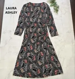 極美品　ローラアシュレイ　カシュクールロングワンピース　和柄　モダン　9 黒地