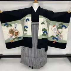 七五三 5歳男の子 羽織 着物 長襦袢 袴 帯 懐剣 雪駄 110cm 黒 鷹