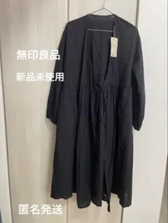 【新品未使用】無印　婦人　二重ガーゼ　ドットドビー　ロングカーディガン　黒　Ｌのサムネイル