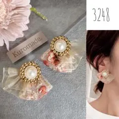 春 インド刺繍リボン ビーズ刺繍 フリルリボン ハンドメイド ピアス イヤリング