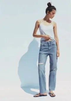 ZARA ハイライズ ダメージデニムパンツ TRF MOMFIT 32 美品のサムネイル
