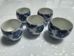 青い花柄 陶器製お猪口 5個セット