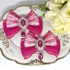 リボン♡ヘアクリップ♡量産型♡地雷系♡サテン白×マゼンタ1-5