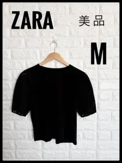 ZARA ザラ　レースパフスリーブ　コントラストT シャツ　黒　ブラック　M