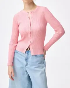細身　GU リブクルーネックカーディガン ピンク 3XL