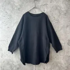 ユニクロ　ワッフル　クルーネック　Tシャツ　七分袖　黒　L ゆったり　カジュアル