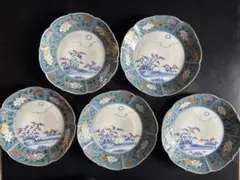 アンティークプレート　古伊万里　色絵付け　時代物 青と白の花柄皿5枚セット