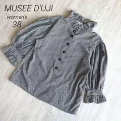 【ミューゼドウジ】ブラウス ギンガムチェック フリルネック ボリューム袖 38