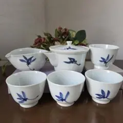 ☆平安 清風造 煎茶器と染付蘭絵 湯冷しと湯呑み4客セット　美品☆