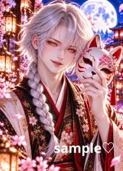 月夜の銀狐 桜に微笑む妖狐男子 銀髪 和装 狐面 幻想男子 A4 AIイラスト