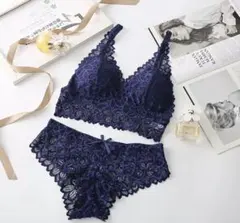 総レースランジェリー　セット　ネイビー　Lサイズ　ノンワイヤー　ナイトブラ