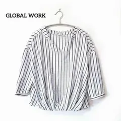 グローバルワーク【M】ストライプブラウス Ｖネック ホワイト オフィスカジュアル