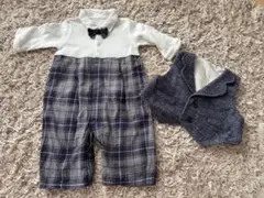 ボウタイ付きチェック柄ロンパース&ベスト