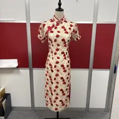 チャイナドレス 花柄刺繍 半袖 膝丈 ベージュ×レッド