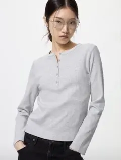 UNIQLO リブヘンリーネックT 長袖　ライトグレー　XLサイズ