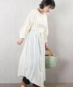 O862フリークスロングシャツワンピース長袖オフホワイト白無地コットン綿刺繍春秋