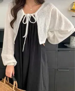 234.ホワイト カーディガン クロップド丈 リボン紐付き ベージュ