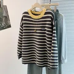 ゆったり カジュアル 刺繍 ストライプ ニット セーター 若見え 3色展開