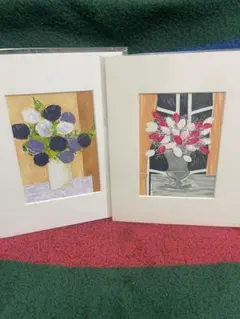 花の絵 アート作品 2点セット 静物画 花瓶 インテリア 絵画 サインなし