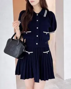 INGNI 襟付ニットカーディガン＋ニットミニスカパン／セットアップ　ネイビー