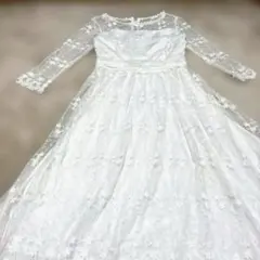 レース長袖ワンピース　ホワイト　カジュアルウエディングドレス