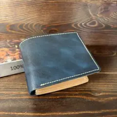 A12 本革　牛革　ヌメ革　財布　オールレザー　折り財布　青
