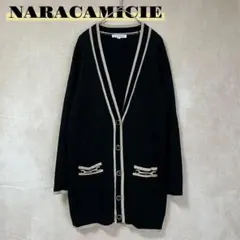 ナラカミーチェ 配色ライン ロングカーディガン 黒 金ボタン Lサイズ