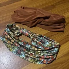 ヘアバンド ターバン エスニック 2点セット 花柄 ブラウン