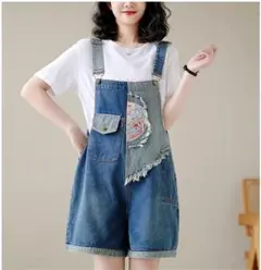 大流行新作 デニム サロペット オーバーオール ショートパンツ 刺繍 オシャレ